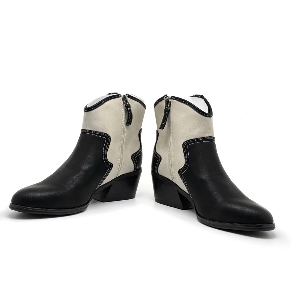 Dr. Scholl's Lasso Western Ankle Bootie Black and Off White Faux Leather Size 7